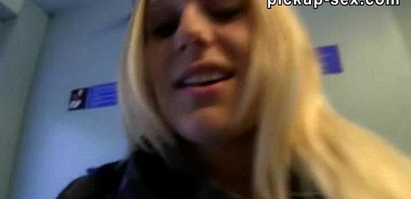  Blonde amateur Angel reamed and creampie in the train toilet